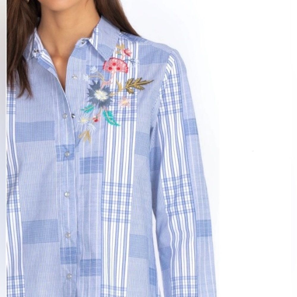 Johnny Was Zanzibar Button Down Shirt Floral Bird Embroidery Plaid Snaps Size XS - Picture 5 of 15